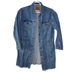 Levi's Premium Jean Denim Jacket‎ Women Medium Long Raw Hem Overcoat Button Up